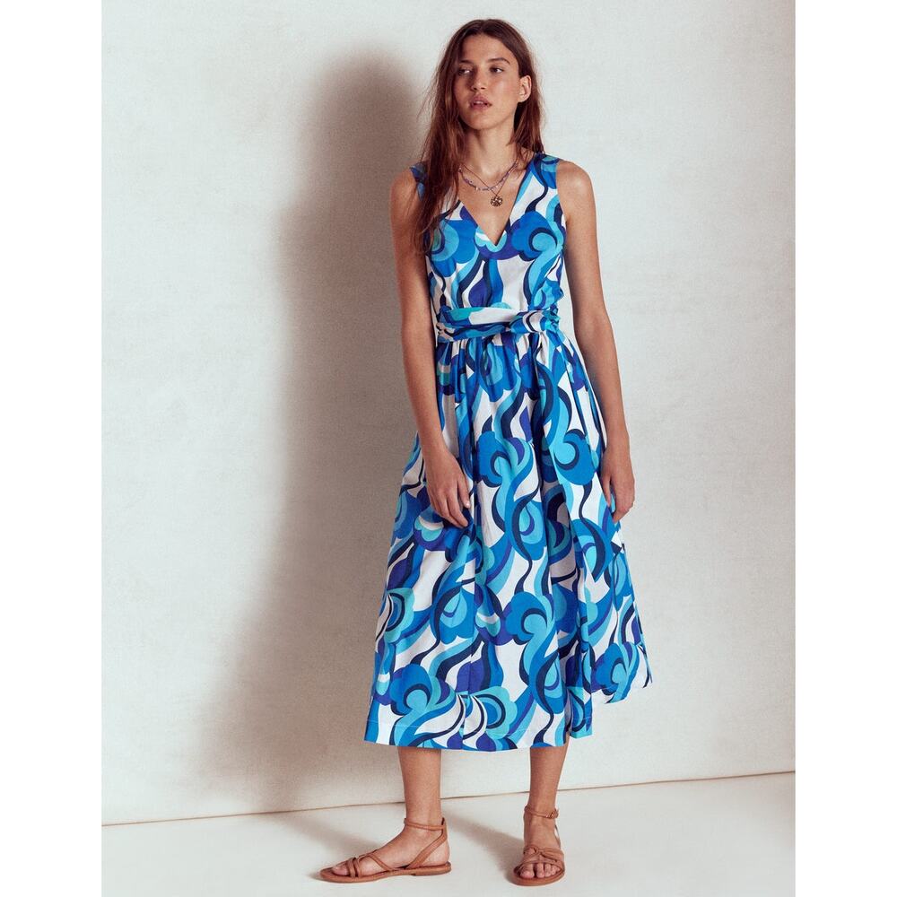 Boden Blue Abstract V-Neck Belted Midi Dress Fit & Flare‎ Sleeveless Size 14R - Picture 2 of 12